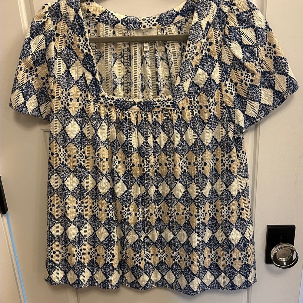 Joie Blue and Cream Geometric Blouse